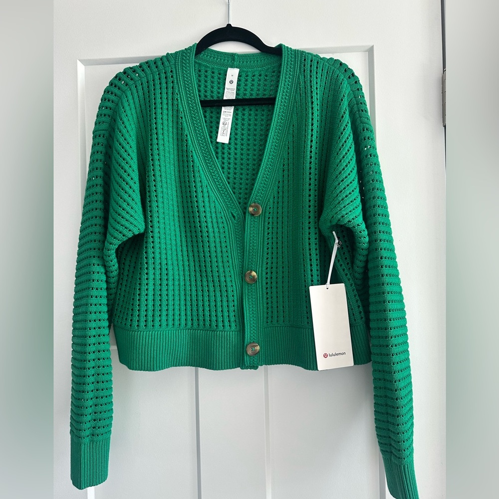 Lululemon Crochet Mesh Green Sweater Cardigan, size medium
